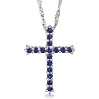 Genuine Blue Sapphire Cross Pendant Necklace Sterling Silver Prong Set (0.80ct) Allurez Jewelry