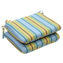 Outdoor Blue and Green Stripe Rounded Seat Cushion (Set of 2) Pillow Perfect Outdoor Cushions & Pillows