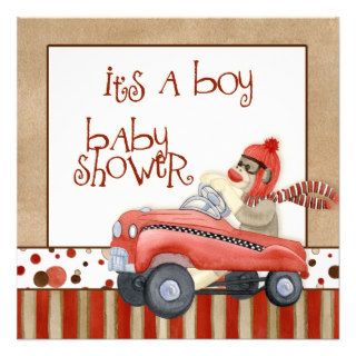 Sock Monkey Pedal Car, Boy Baby Shower Invitation