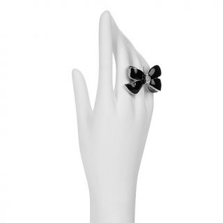 Stately Steel Black Enamel Bow with Crystal Accent Ring