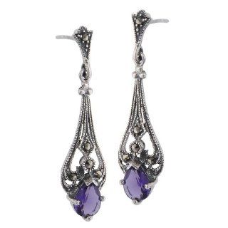 Victorian Teardrop Purple CZ & Marcasite Sterling Silver Dangle Earrings   New Marcasite & Teardrop Amethyst Earrings Jewelry