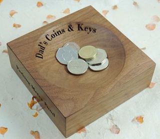 personalised walnut coin key tidy bowl by wooden keepsakes