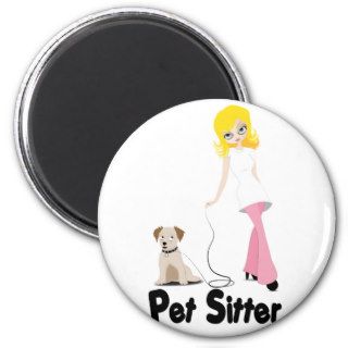 Pet sitter blond girl holding dog on a leash fridge magnets
