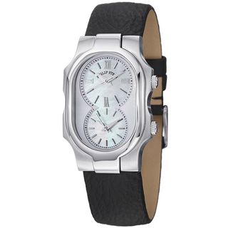 Philip Stein Women's 1 CMOP CB 'Signature' Mother of Pearl Dial Leather Dual Time Strap Watch Philip Stein Women's Philip Stein Watches