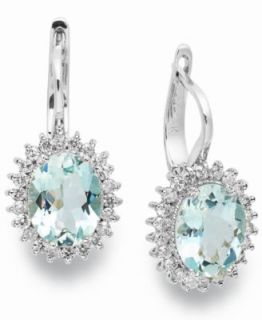 14k White Gold Earrings, Aquamarine (3 1/5 ct. t.w.) and Diamond (1/2 ct. t.w.) Leverback Earrings   Earrings   Jewelry & Watches