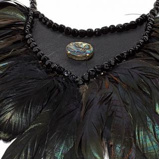 RK by Ranjana Khan Mother of Pearl, Leather and Feather 20" Bib Necklace