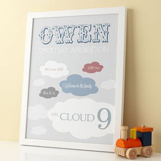 personalised 'cloud 9' new baby print by rosie may creative