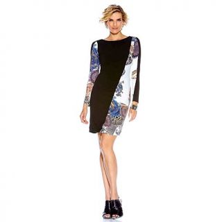 American Glamour Long Sleeved Ruched Dress with Print Trim
