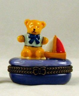 Teddy Bear Boy Toy Sail Boat Hinge Trinket Box phb   Decorative Boxes