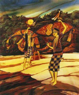 Original Batik Art Painting on Cotton, 'Playing Wau Bulan' by Dolah (75cm x 90cm)   Mixed Media Paintings