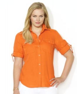 Lauren Ralph Lauren Plus Size Three Quarter Sleeve Pinstriped Shirt   Tops   Plus Sizes