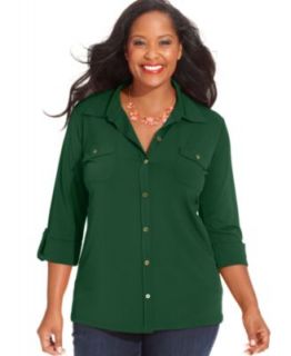 Jones New York Signature Plus Size Top, Long Sleeve Printed Utility Shirt   Tops   Plus Sizes