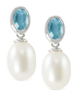 Sterling Silver Earrings, Cultured Freshwater Pearl and Faceted Blue Topaz (1 ct. t.w.) Earrings   Earrings   Jewelry & Watches