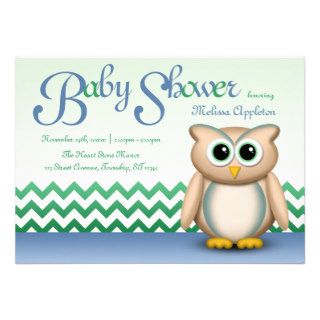 Cute Owl   Blue & Green Chevron Baby Shower Custom Invitation