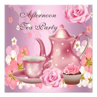 Afternoon Tea Party Vintage Pink Rose Teapot Personalized Announcement