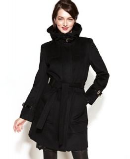 Calvin Klein Belted Hooded Buckled Wool Blend Coat   Coats   Women