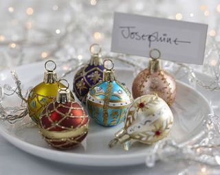 bright glass bauble place card holders by the contemporary home