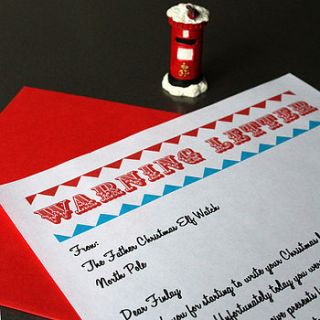 personalised santa naughty warning letter by pearl and earl