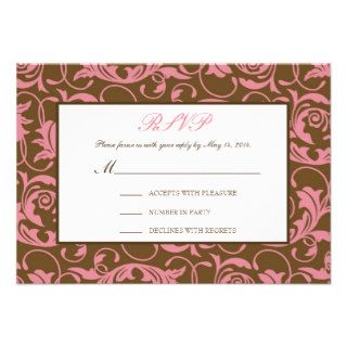 Pink and Brown Damask Wedding RSVP Custom Invites
