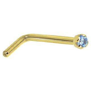 Solid 14KT Yellow Gold 1.5mm Genuine Topaz L Shaped Nose Ring   18 Gauge Jewelry