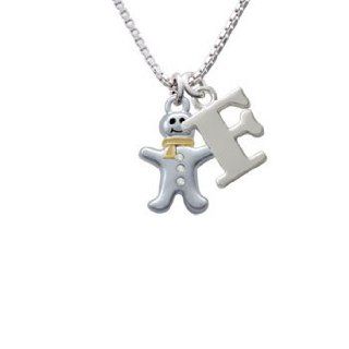 Silver Gingerbread Man with Gold Scarf and Clear Crystal Buttons Initial F Charm Necklace Delight Jewelry Jewelry