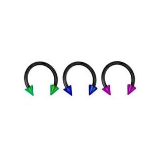 3 piece lot Black with Pink, blue, green Titanium spike horseshoe lip Tragus belly nipple ring 16 gauge, 3/8" (10mm) 16g Jewelry