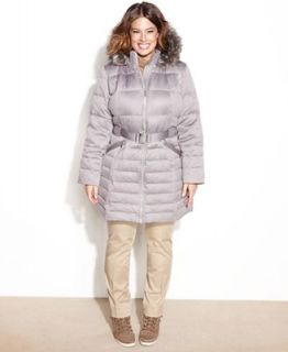 DKNY Plus Size Faux Fur Trim Hooded Belted Puffer Coat   Coats   Women