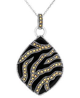 Genevieve & Grace Sterling Silver Necklace, Gold Marcasite and Onyx (9 1/2 ct. t.w.) Pear Shaped Pendant   Necklaces   Jewelry & Watches