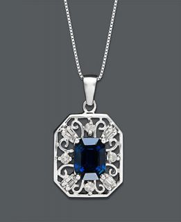 14k White Gold Necklace, Emerald Cut Sapphire (1 9/10 ct. t.w.) and Diamond (1/5 ct. t.w.) Pendant   Necklaces   Jewelry & Watches