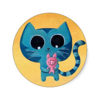 Cute Kitty Cat and Pig Round Stickers