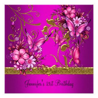 21st Birthday Party Pink Butterfly Gold floral Announcement