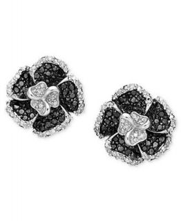Diamond Earrings, Sterling Silver Black and White Diamond Flower (1/2 ct. t.w.)   Earrings   Jewelry & Watches