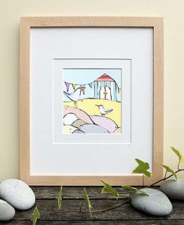 beach huts and gulls print by inky rose