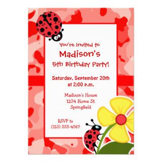 Coral Pink Camo; Ladybug Personalized Invitations