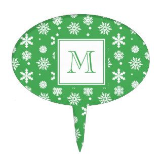 Green and White Snowflakes Pattern 1 with Monogram Cake Picks