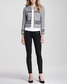 Tory Burch Rosemary Cropped Tweed Jacket & Harlow Leather Trimmed Biker Jeans