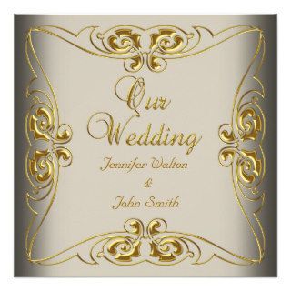 Elegant Wedding Beige Gold Damask Custom Announcements