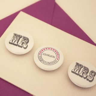 personalised 'mr' and 'mrs' badge card by studio sweepings