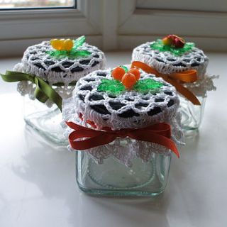 set of three fruit handmade jar covers by cookie crochet