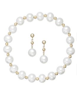 14k Gold Cultured Freshwater Pearl Bracelet and Earring Set (8 1/2mm 9 1/2mm)   Bracelets   Jewelry & Watches