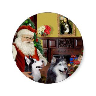 Santa's Two Siberian Huskies Round Stickers