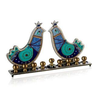 Pewter Hanukkah Menorah with Turquoise Doves by Ester Shahaf   Hanukkah Candles