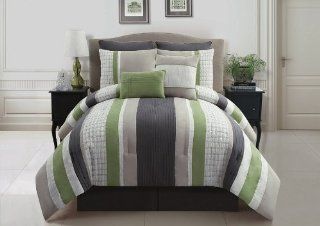 Modern striped sage, tan & green 8pc luxury comforter set (Queen Size)  
