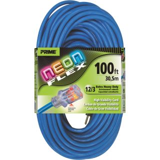 Prime Wire & Cable 12/3 Neon Power Cord — 100Ft.L, Blue, Model# NS514835  Extension Cords