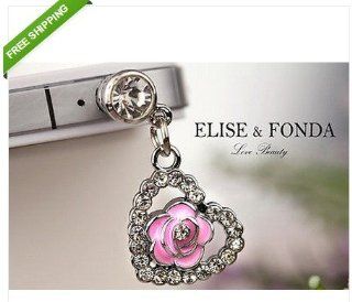 EP175 PINK ROSE HEART Anti Dust Earphone Jack Plug Cap Iphone Android Charm Cell Phones & Accessories