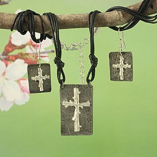 Handcrafted Pewter Silvertone Twig Cross Cord Necklace and Earrings Set (India) Jewelry Sets