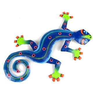 Recycled OIl Drum Painted Blue/ Green Gecko Wall Art (Haiti) Global Crafts Wall Hangings
