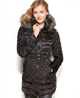 GUESS Coat, Hooded Faux Fur Trim Quilted Puffer   Coats   Women