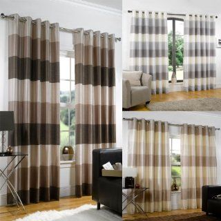 Rio Fully Lined Striped Faux Silk Ready Made Eyelet Curtains (Chocolate, 168x229cm / 66x90")   Window Treatment Curtains