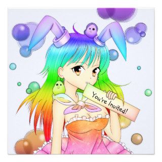 Rainbow Bunny Anime Girl Personalized Invitation